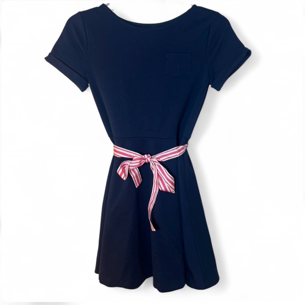 Polo Ralph Lauren Girls Navy Swing Mini Dress Pink Ribbon Preppy Old Money Sz L